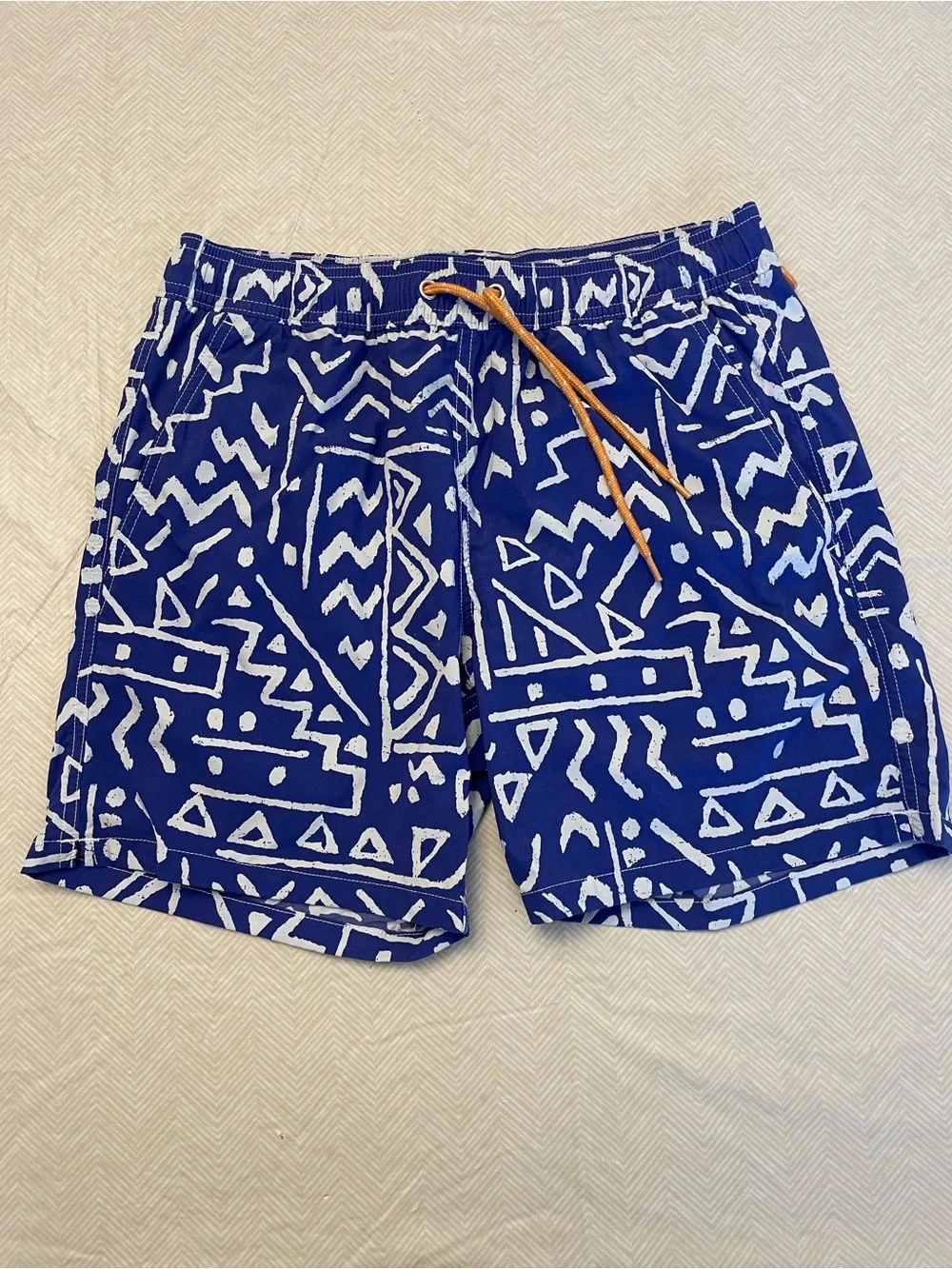 J. Crew Blue & White Geometric Swim Trunks with Orange Drawstring